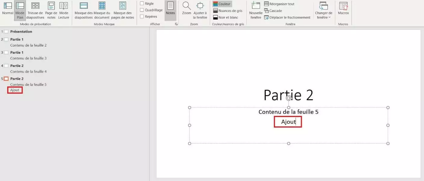 Modifier le contenu dans le mode plan de Powerpoint