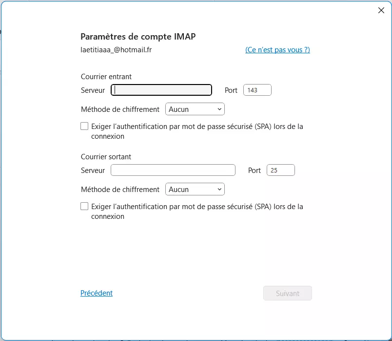 Paramètres de compte IMAP