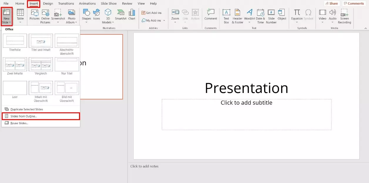 PowerPoint : le menu déroulant « Nouvelle Diapositive »