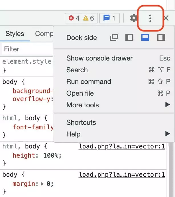 Menu des DevTools de Google Chrome avec choix de l’emplacement