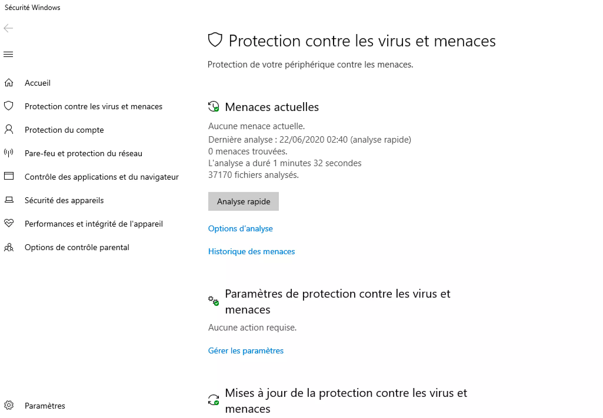 Protection contre les virus et les menaces dans Windows