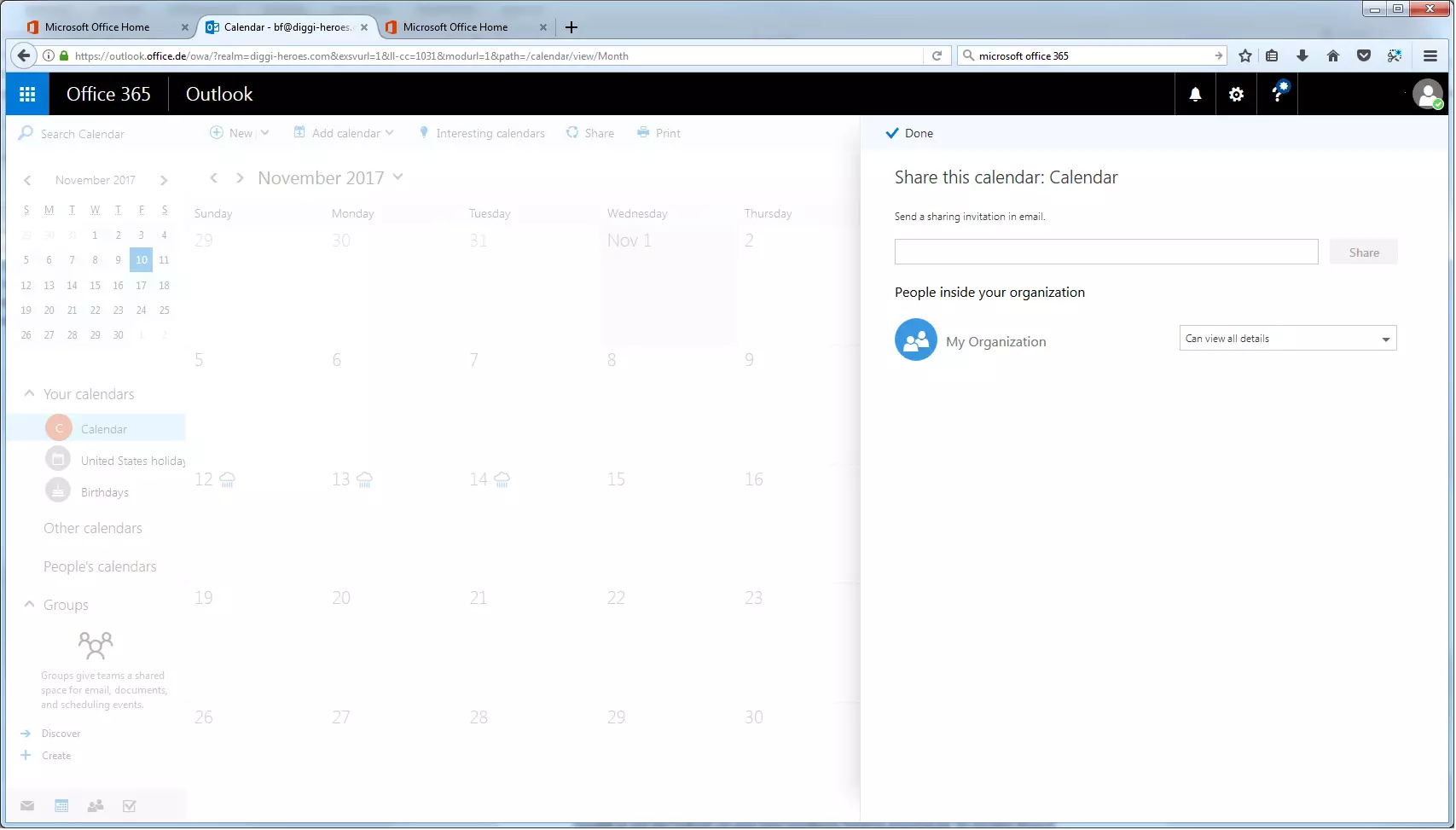 Microsoft 365 : les options de partage de l’application Calendrier.