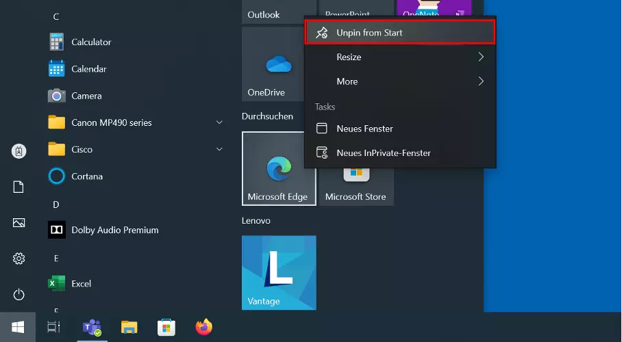 Tuile Microsoft Edge dans le menu Démarrer Windows