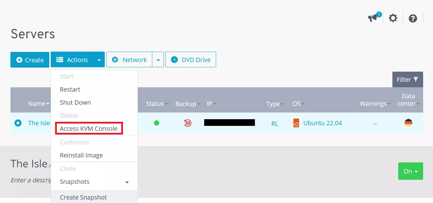 Démarrer la console KVM dans le Cloud Panel de IONOS