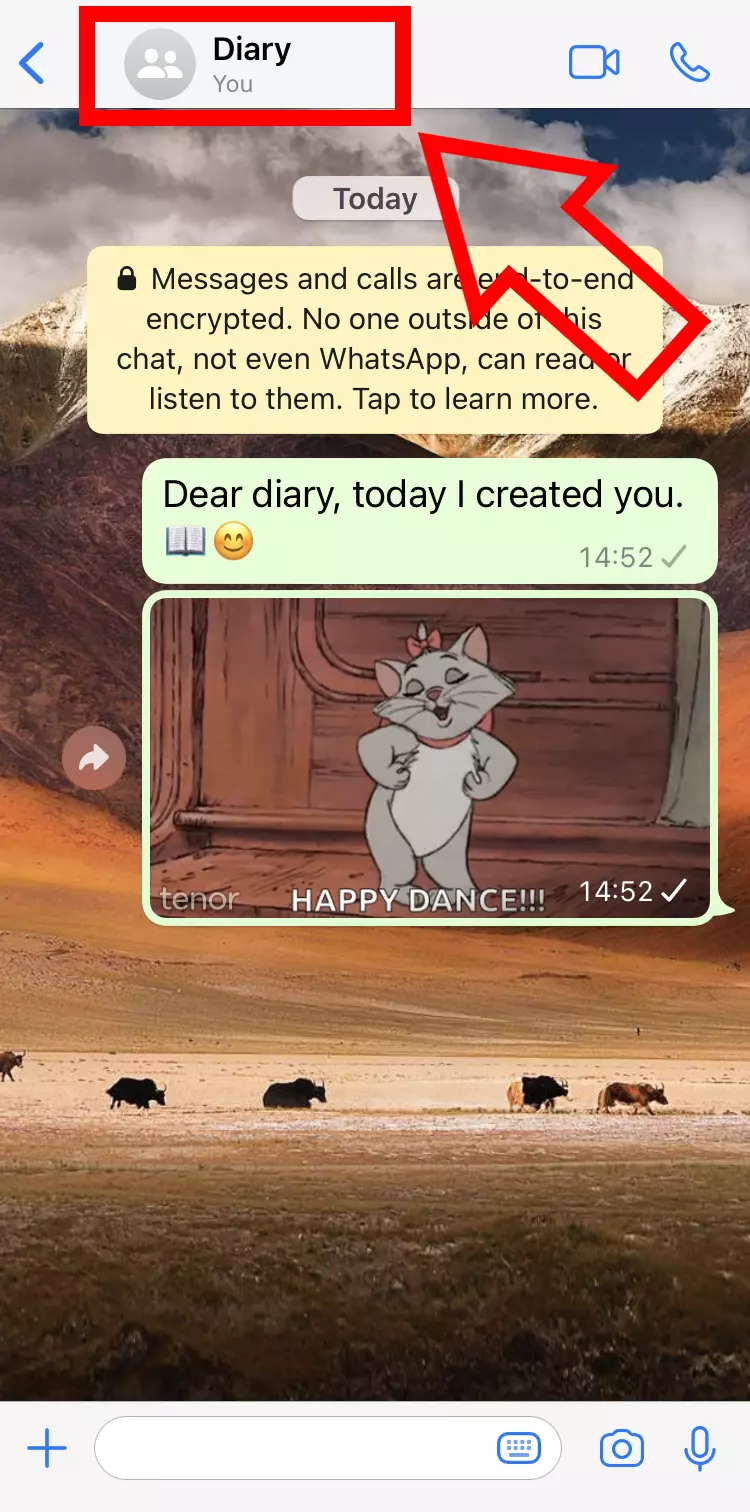 Capture d’écran iPhone d’un chat de journal intime créé dans WhatsApp