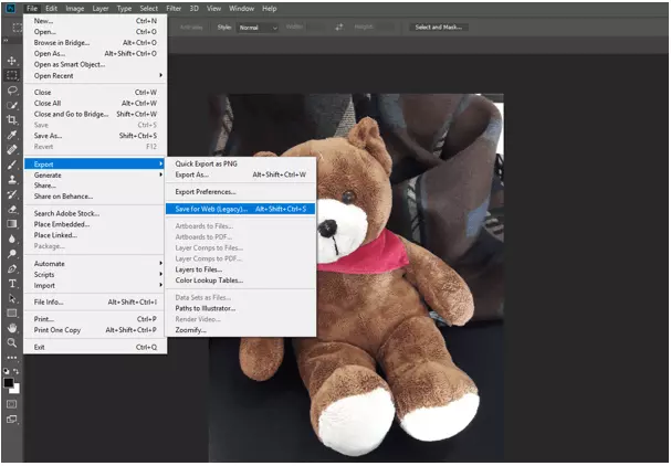 Menu principal de Photoshop : compresser des images avec « Save for Web »