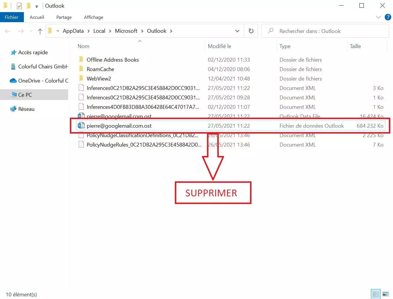 Vider un cache Outlook : suppression du fichier OST 