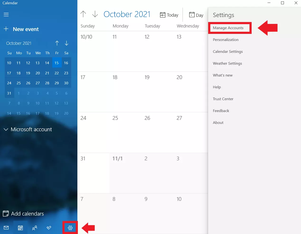 Calendrier Windows : « Paramètres », « Gérer les comptes »