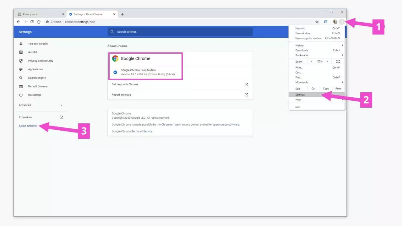 Paramètres de Google Chrome : vérification et mise à jour