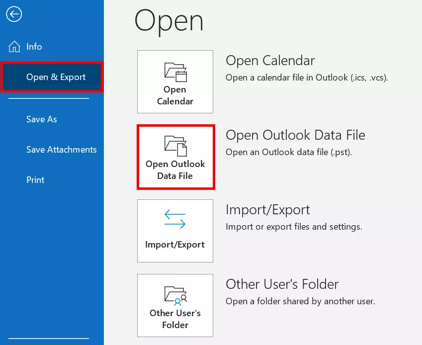 « Ouvrir le Fichier de Données Outlook » dans le menu « Fichier » > « Ouvrir et exporter »