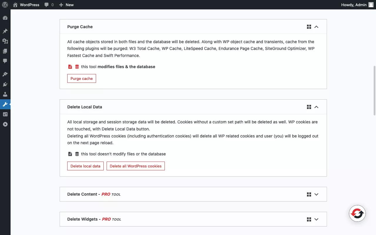 Capture d’écran de la page d’outils du plugin « WP Reset » (1/3)