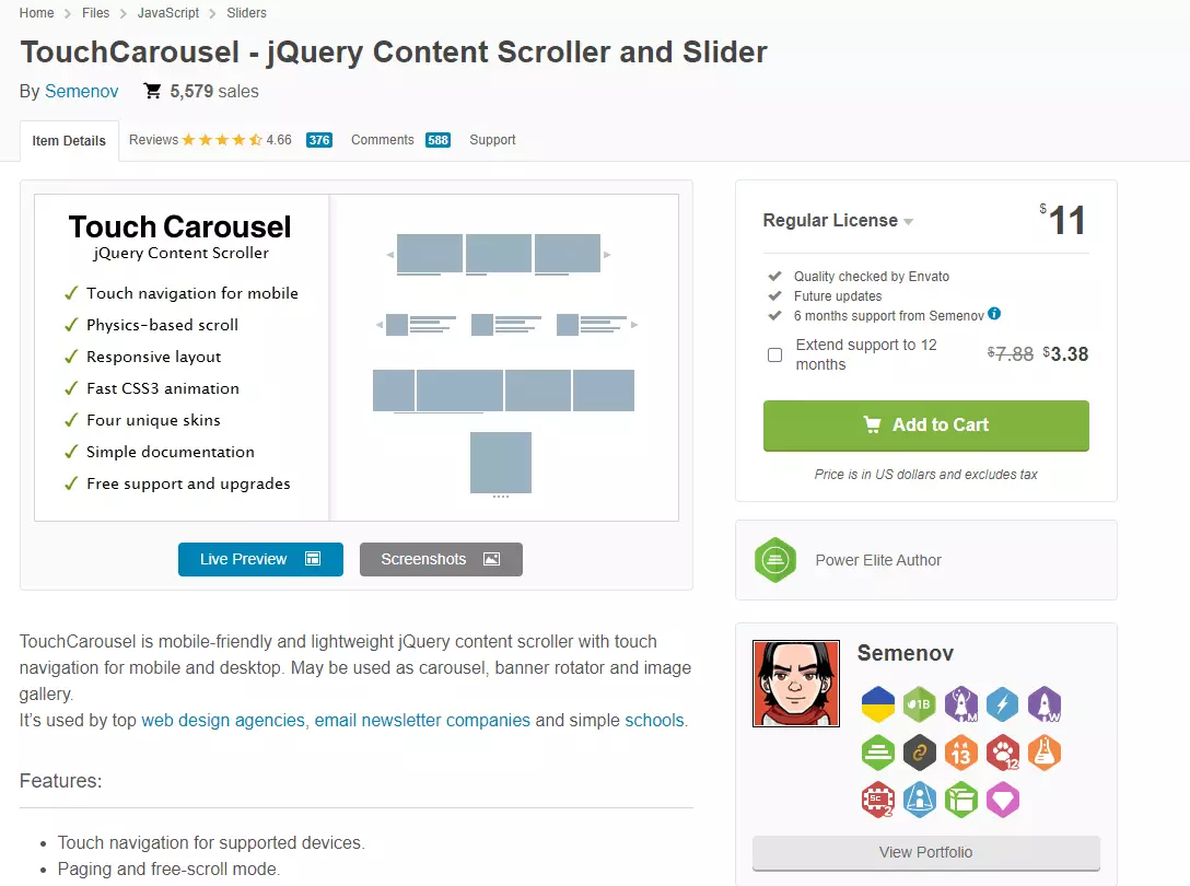 Capture d’écran du plugin TouchCarousel sur codecanyon.net