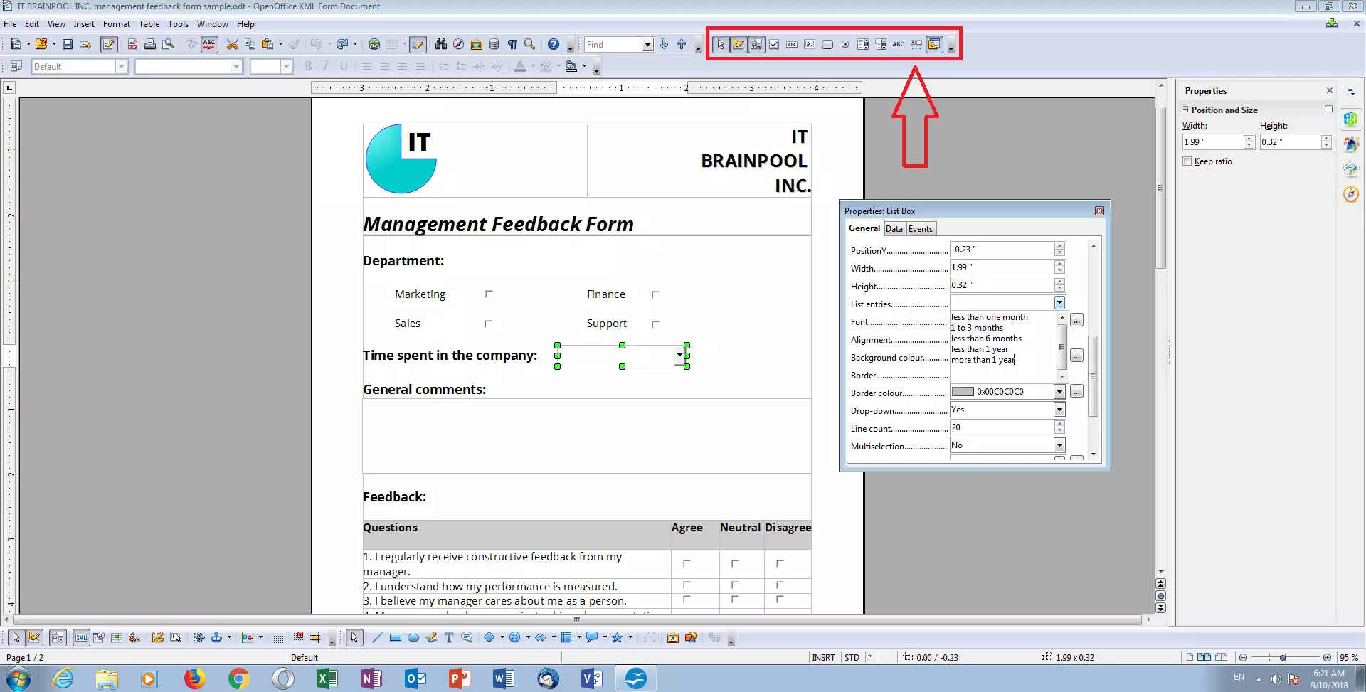 Exemple de formulaire de retour d'information en mode ébauche d'OpenOffice Writer