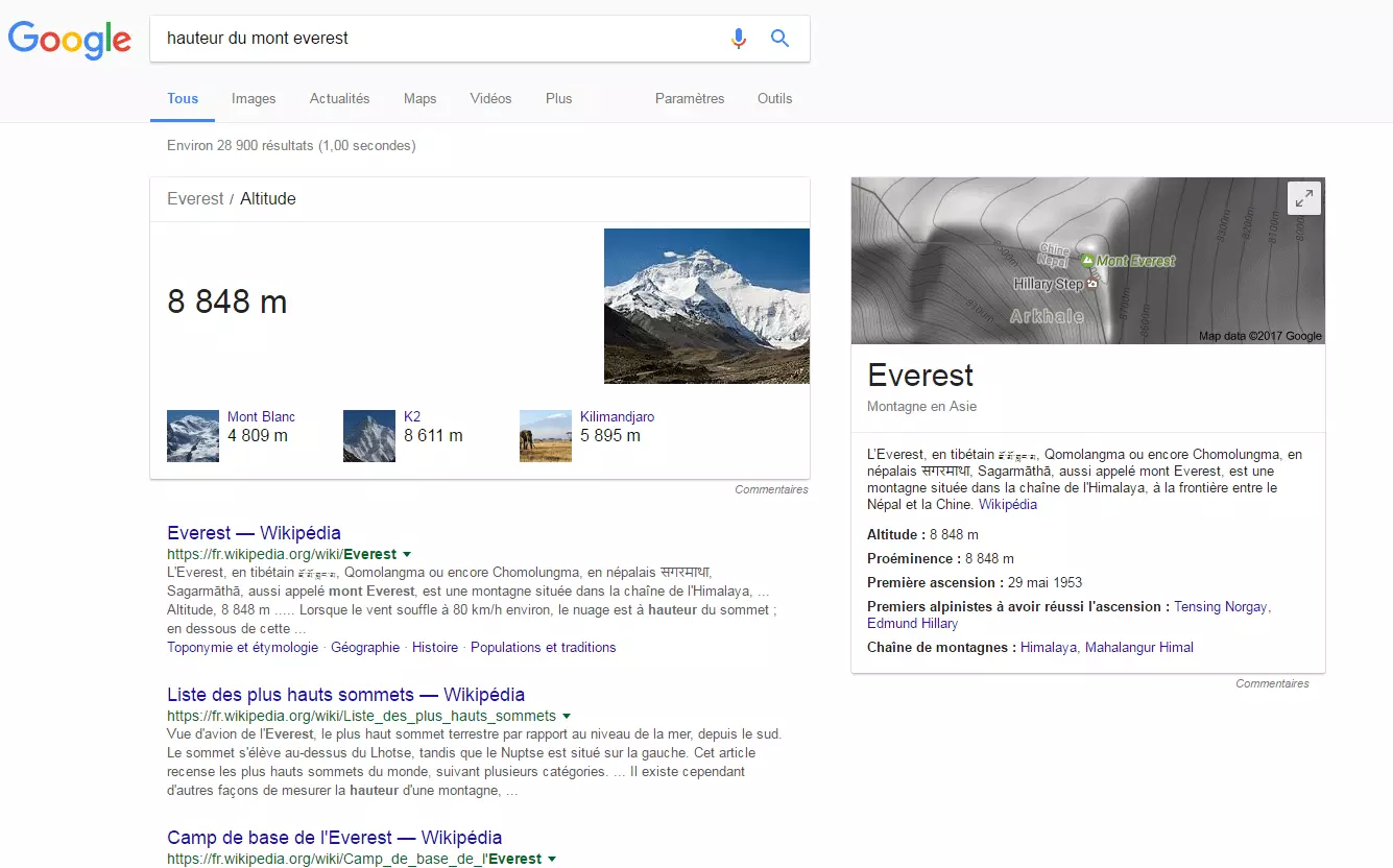 réponse de Quick Answers “hauteur du Mont Everest”