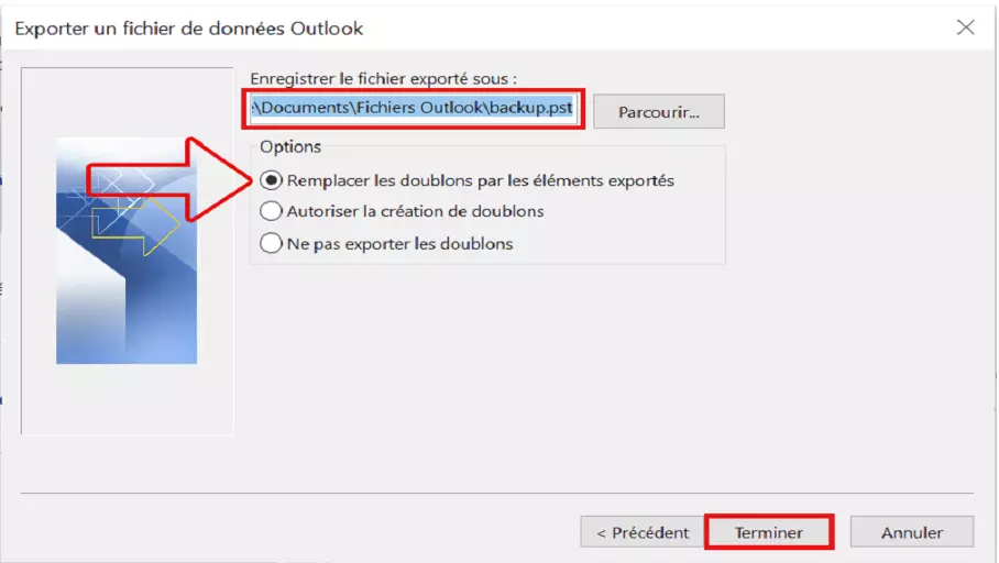 Assistant d’importation et d’exportation Outlook : localisation du fichier exporté