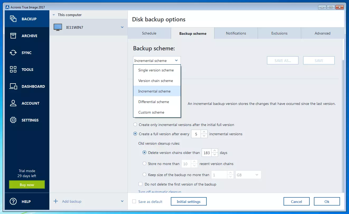 Acronis True Image 2017: menu de sélection du schéma de sauvegarde