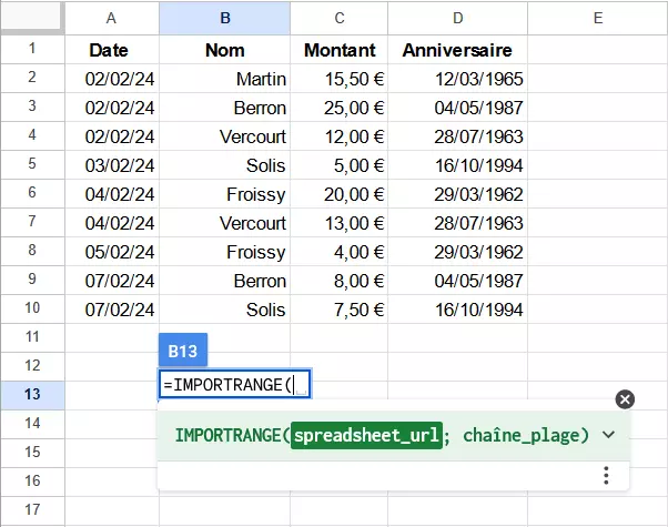 Capture d’écran de la fonction IMPORTRANGE