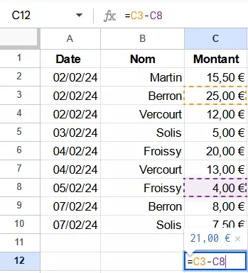 Capture d’écran de la formule pour la soustraction dans Google Sheets