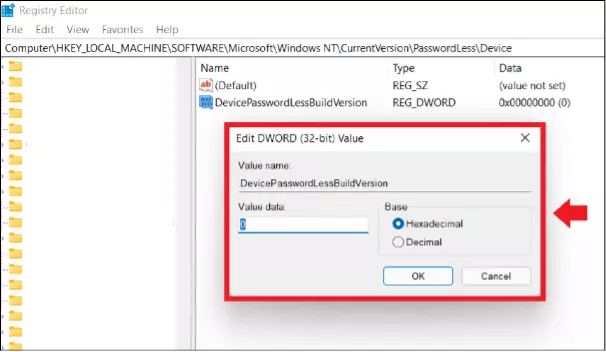 Menu dans l’éditeur de registre Windows 11 pour modifier la demande de mot de passe