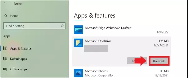 Liste des applications sous le menu « Applications » dans les Paramètres Windows