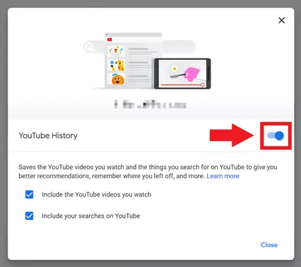 Option pour (dés)activer l’historique de YouTube