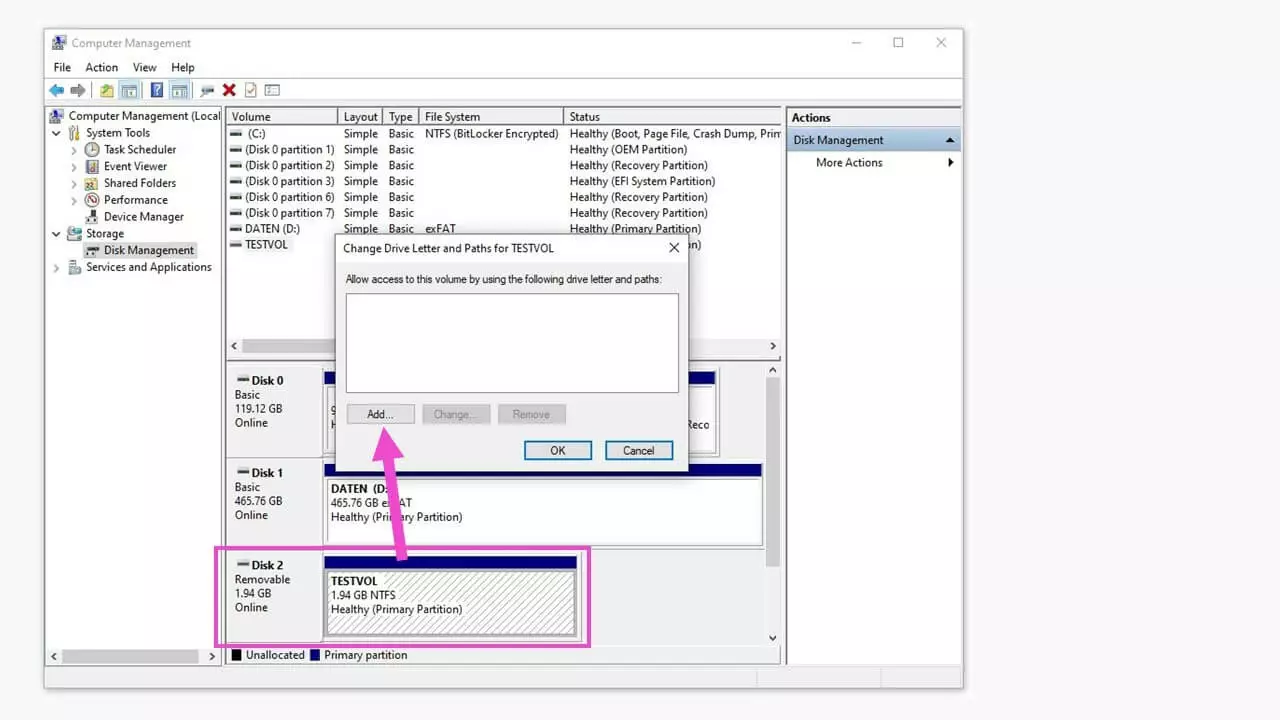 Attribution d’une lettre de lecteur dans la Gestion des disques de Windows