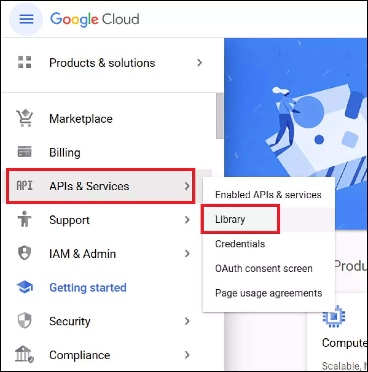 Menu de Google Cloud avec « API et services » et « Bibliothèque »