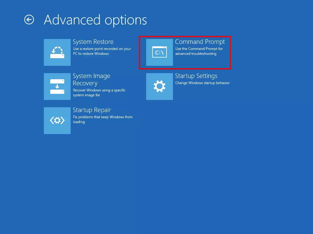 Récupération système de Windows 8: options avancées avec option « Invite de commandes »