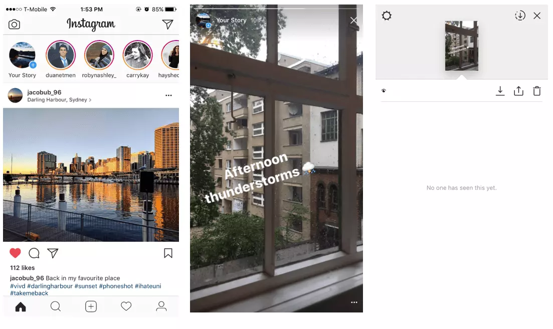 Page d’accueil de l’application Instagram avec la section des stories à part