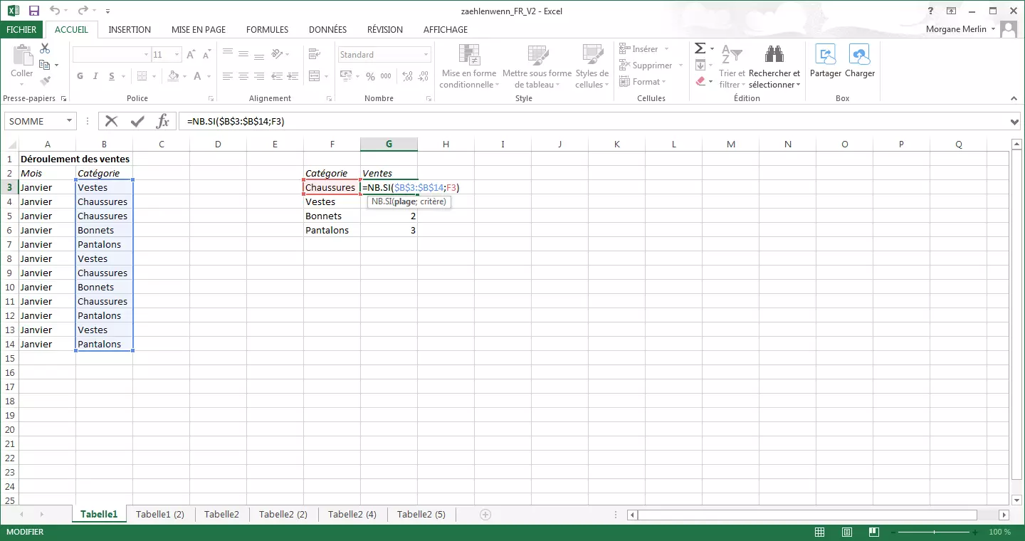 Tableau Excel avec la fonction NB.SI.