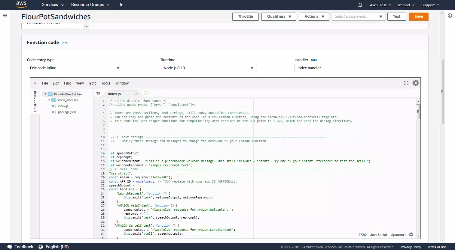 AWS Management console : template Lambda pour le code de fonction