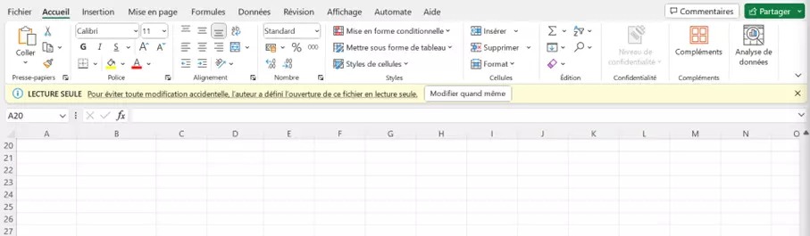 Avertissement « Ouvrir un fichier Excel en lecture seule » dans Excel