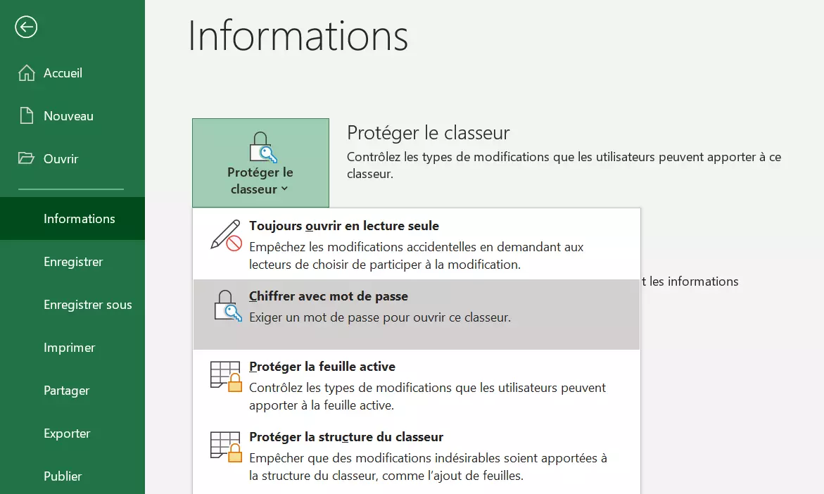 Illustration du menu « Fichier » > « Informations » > « Protéger le classeur »