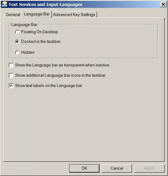 Paramètres de la barre de langue dans les Services de texte et de langues