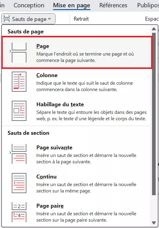 Menu Word pour les sauts de page