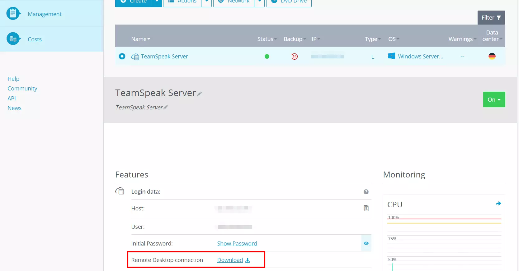 Données de connexion dans le Cloud Panel IONOS