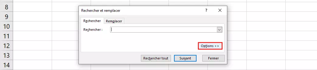 Bouton marqué en rouge, qui peut être utilisé pour ouvrir les options avancées de la fonction de recherche d’Excel