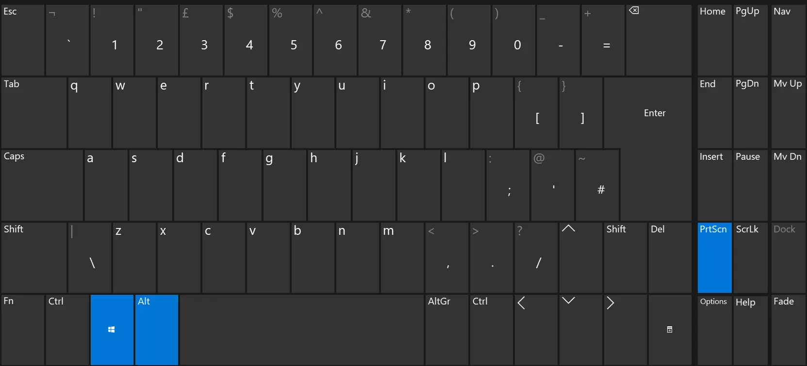 Clavier avec les touches [Win], [Alt] et [Imp. écr.] mises en évidence