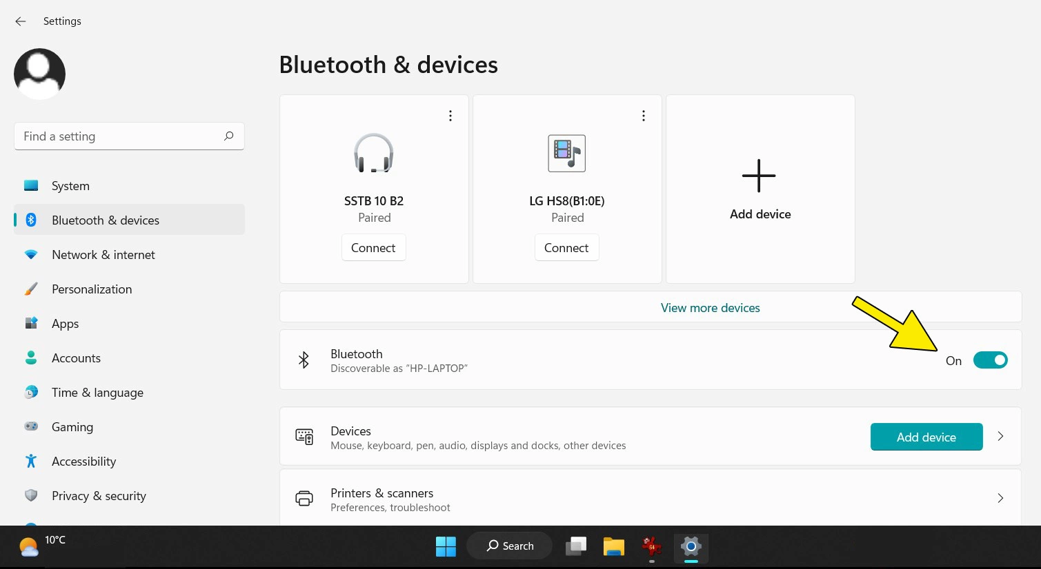 Paramètres système Windows 11 pour les périphériques Bluetooth : commutateur Bluetooth sur « Activé »