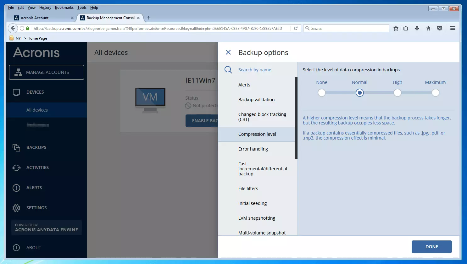 Acronis Backup 12.5 Console de gestion des sauvegardes : menu de sélection du mode de compression