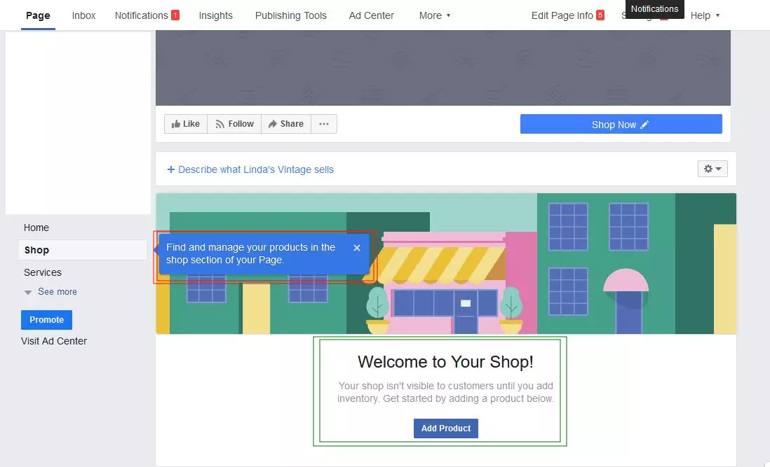 Menu Facebook pour ajouter des produits à la boutique