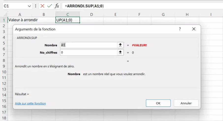 Excel : sélectionner les champs pour la fonction ARRONDI.SUP