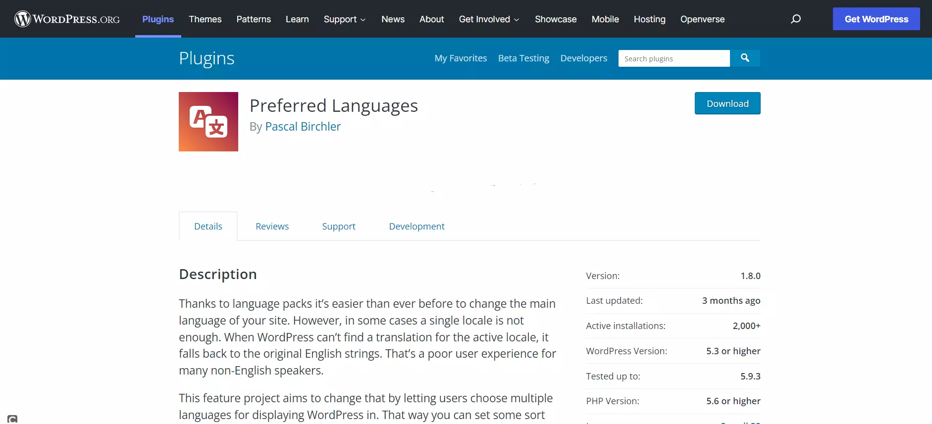 Page d’accueil du plugin WordPress Preferred Languages