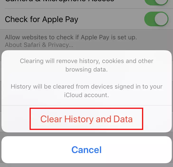 Safari (iOS) : boîte de dialogue « Effacer historique, données de site »