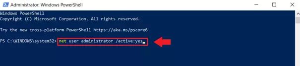 Dans l’interpréteur de commandes PowerShell, entrez la commande « Net user administrator /active:yes »