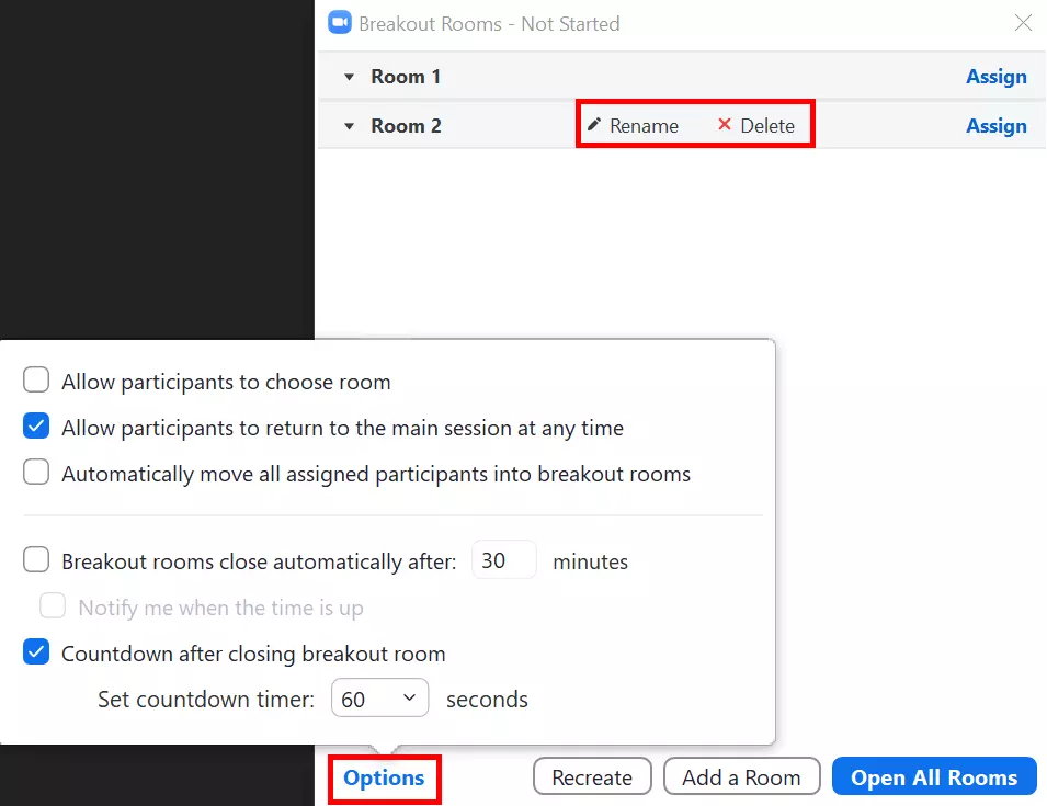 Différentes options pour les Breakout Rooms de Zoom