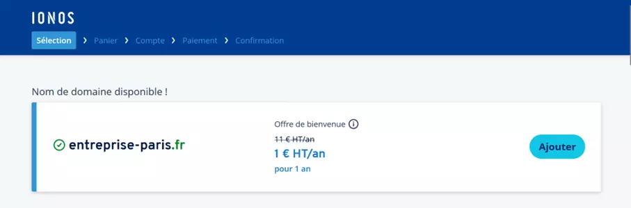 Outil Domain Check de IONOS : offre pour le nom de domaine disponible choisi