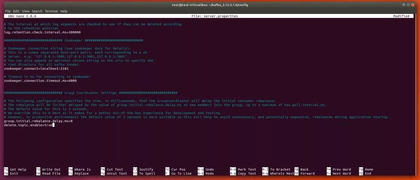 Le fichier de configuration Kafka server.properties dans l’éditeur nano