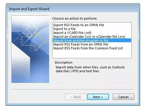 Menu de l’assistant Importation et exportation dans Outlook 2013