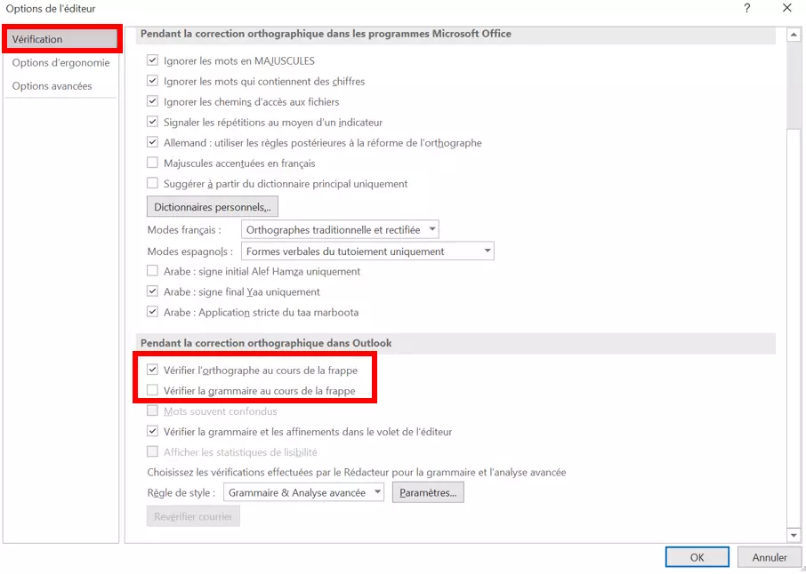 Outlook : options de vérification